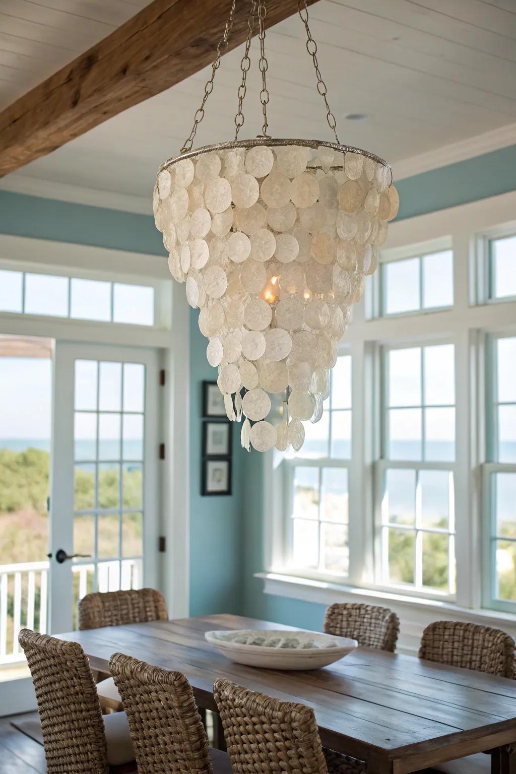 Windowpane oyster chandeliers shimmer with oceanic elegance.
