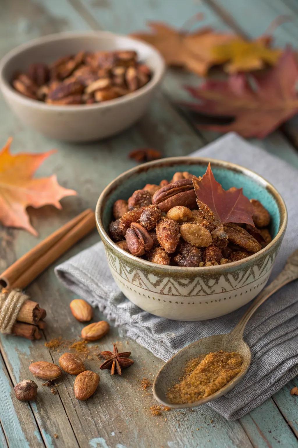 Warm spiced nuts for a tasty and aromatic snack.