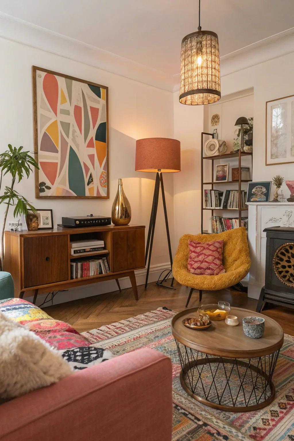 Unique accessories fashion an eclectic and personal style in this living room.