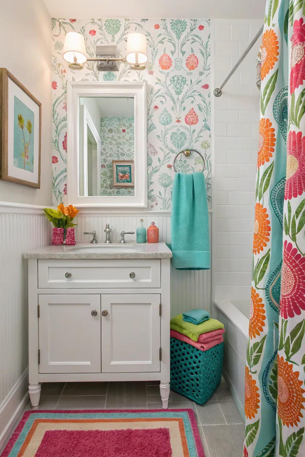 Unified décor and colorful accessories establish harmony in this guest bathroom.