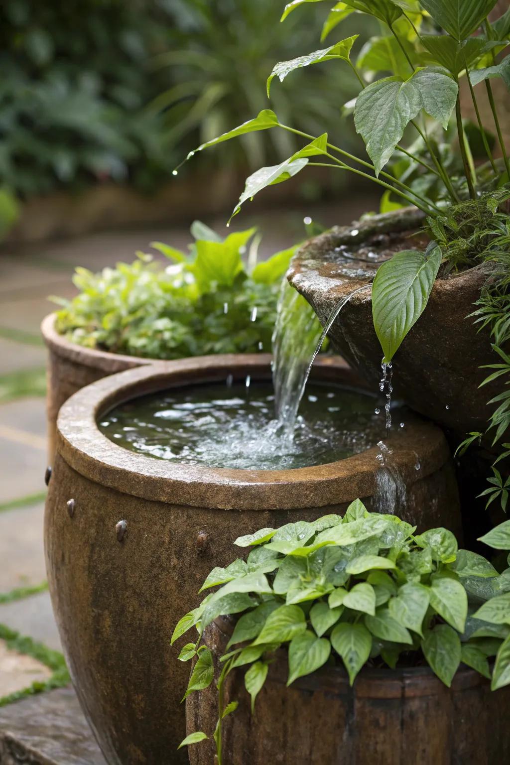 A water feature put into a plant pot garden.