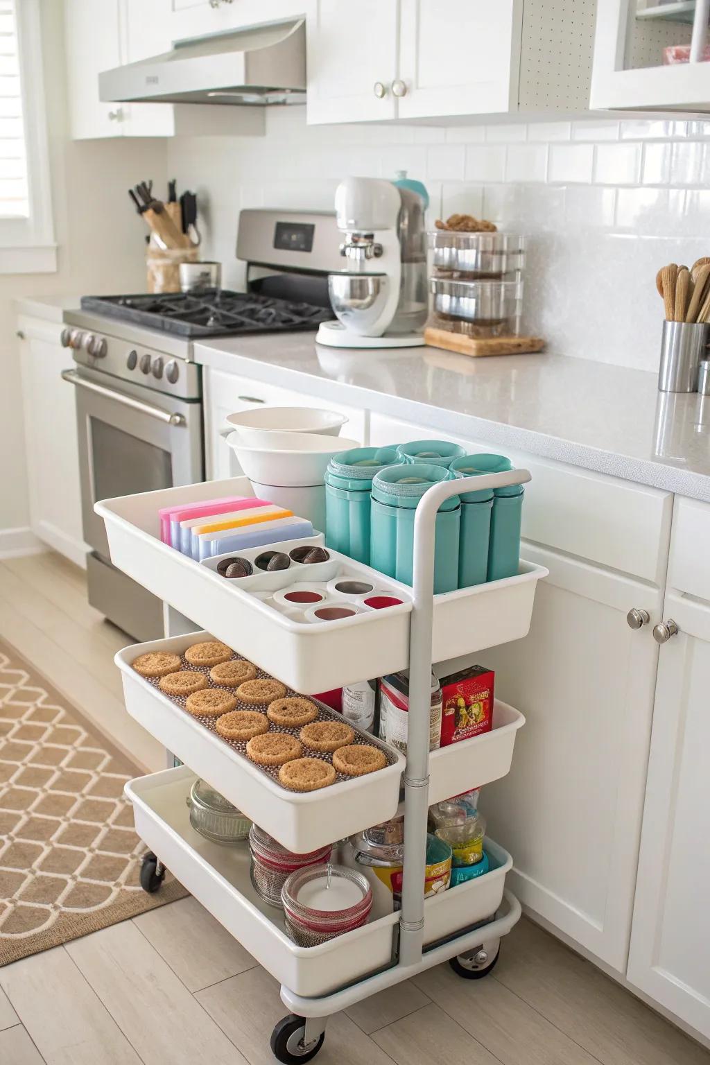 A rolling cart serving as a mobile cookie cutter station.