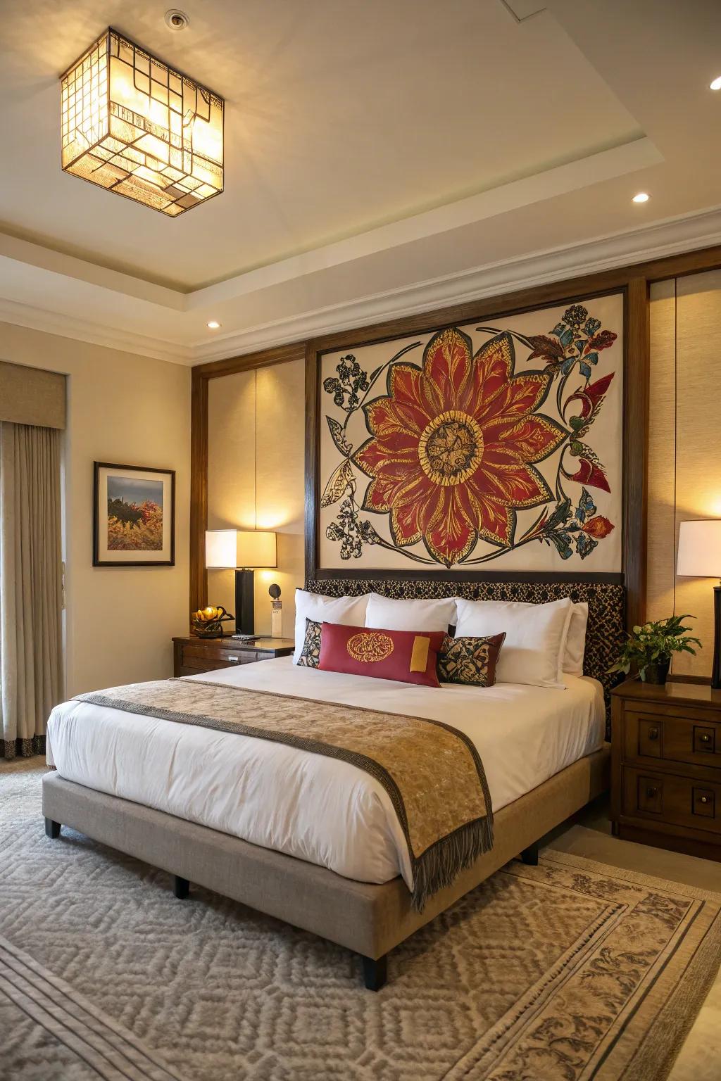 Artistic accents infuse sophistication and visual allure into the sleeping quarters.