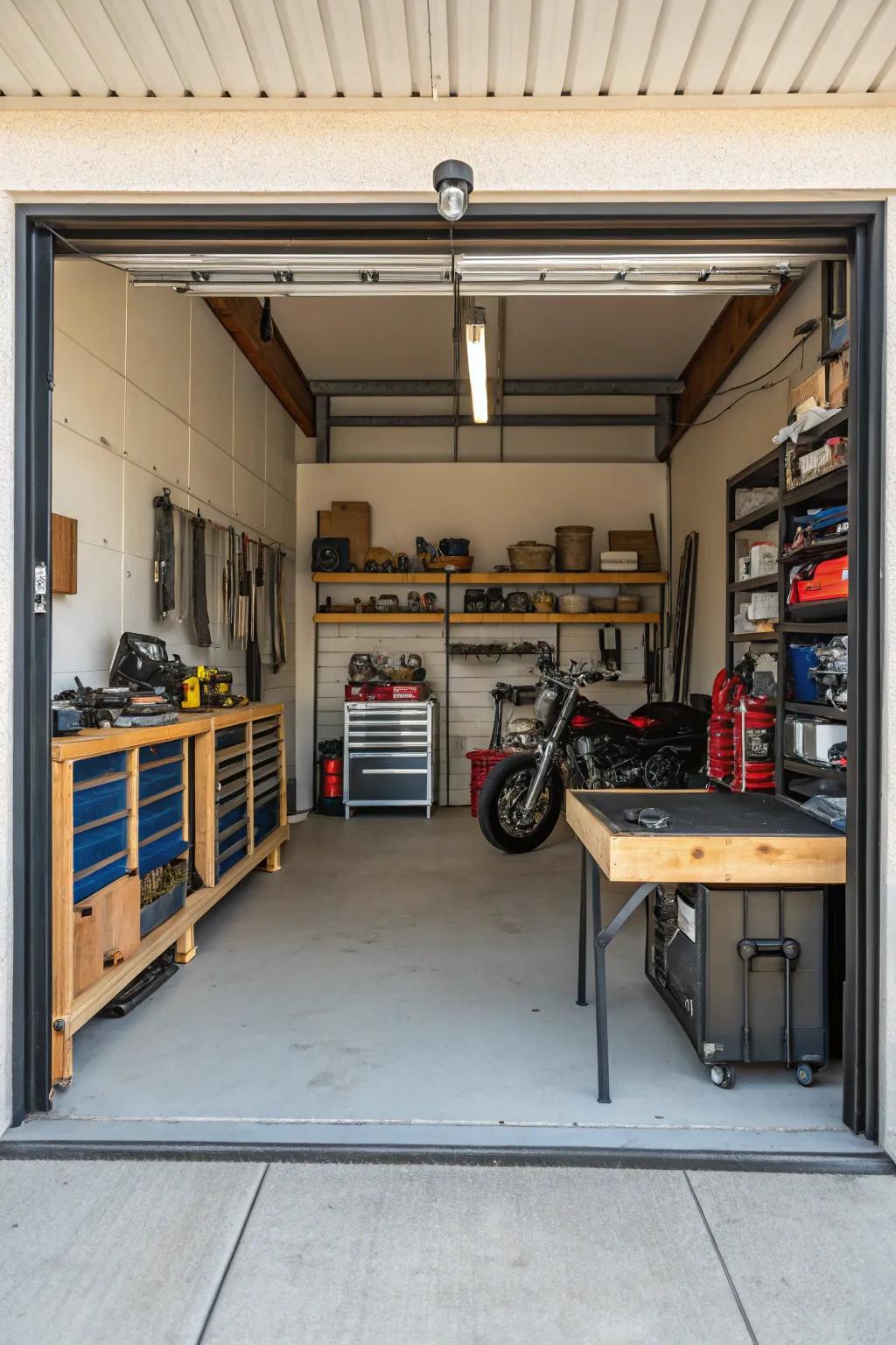A multi-functional garage merging storage and workshop practicality.