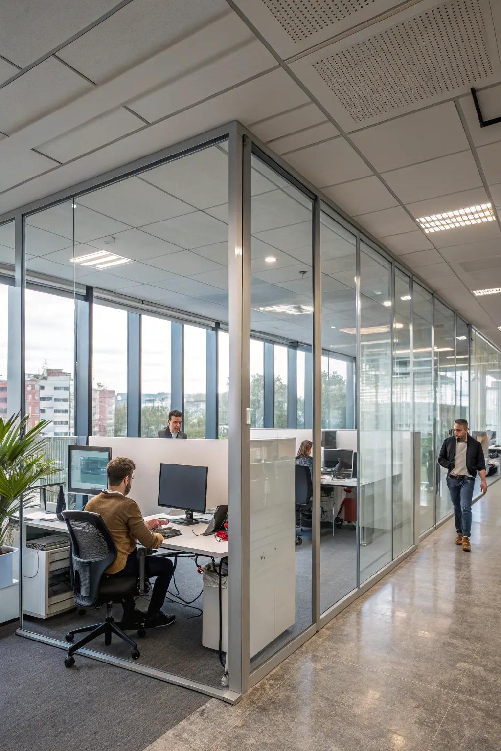 An office designed with seclusion strategies using clear dividers.