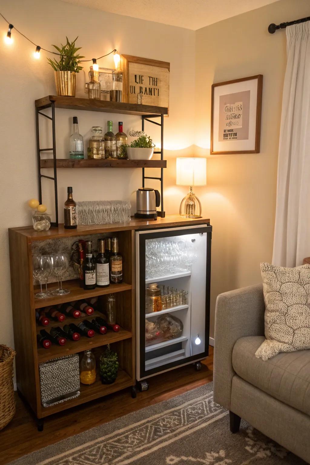 A corner bar infuses a dash of refinement and practicality into the living room.