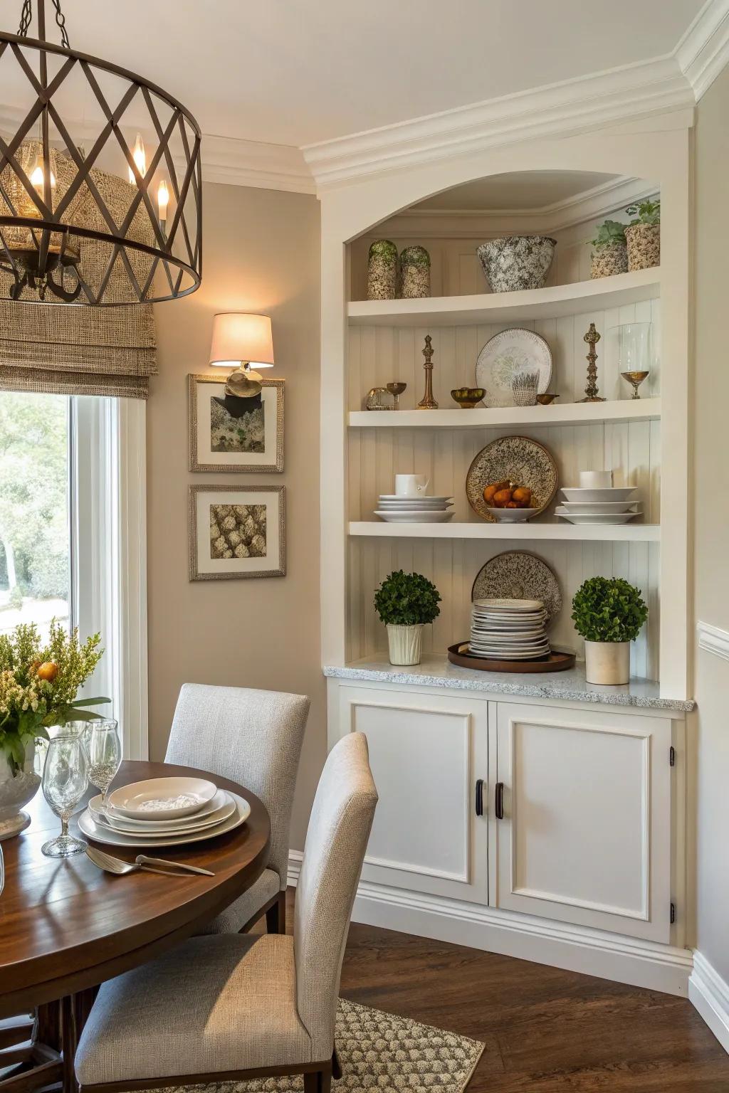 Symmetrical shelves offer equilibrium and calm to your dining space.