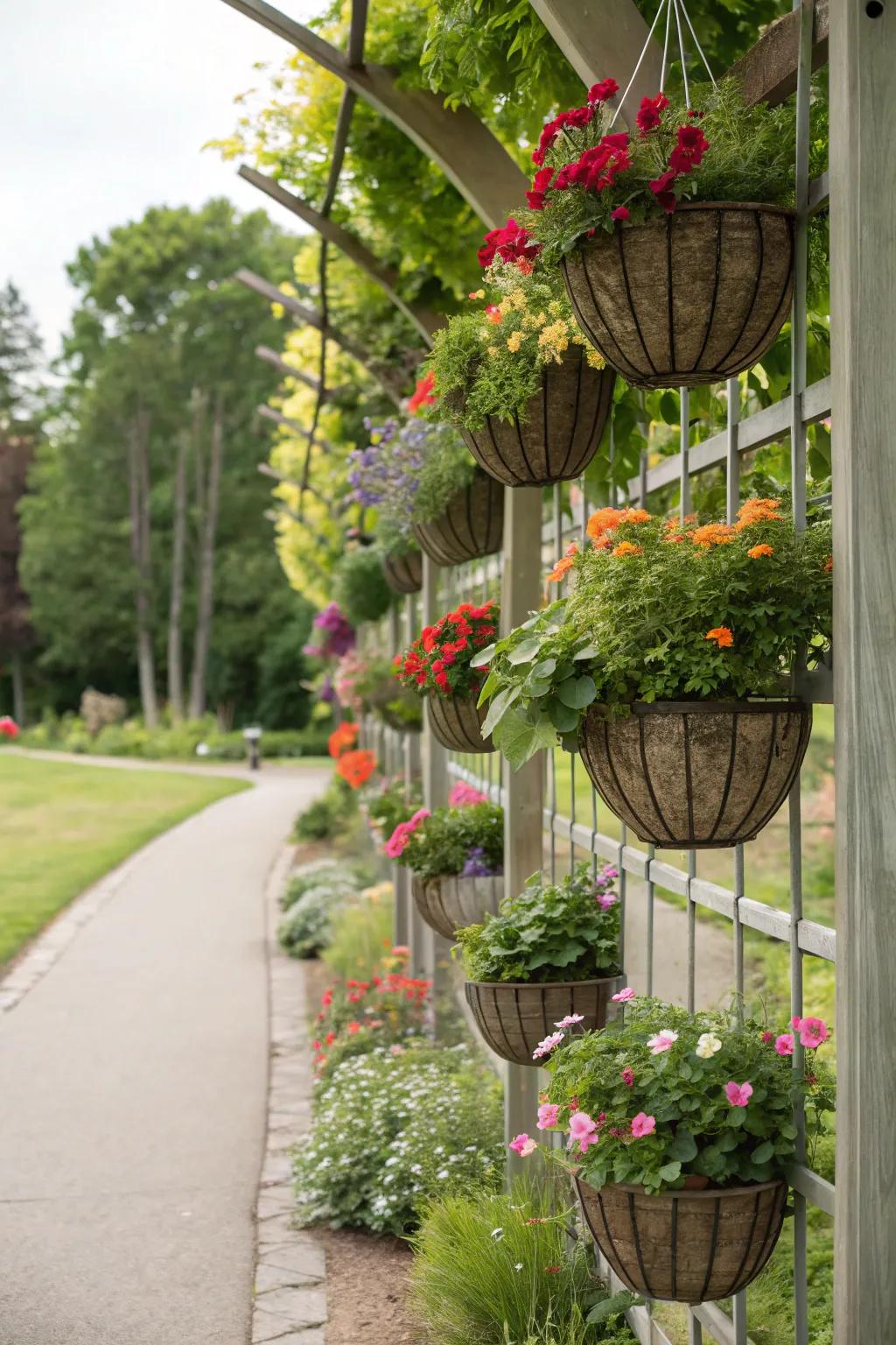 A trellis enriched with suspending greenery filled with herbs.