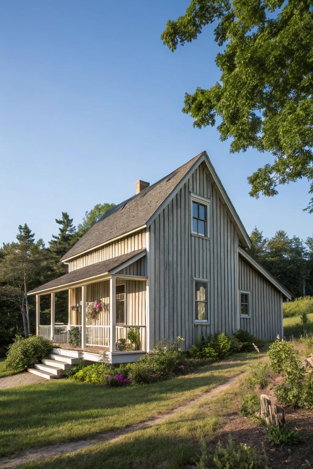 Vertical siding imparts both height and intrigue.