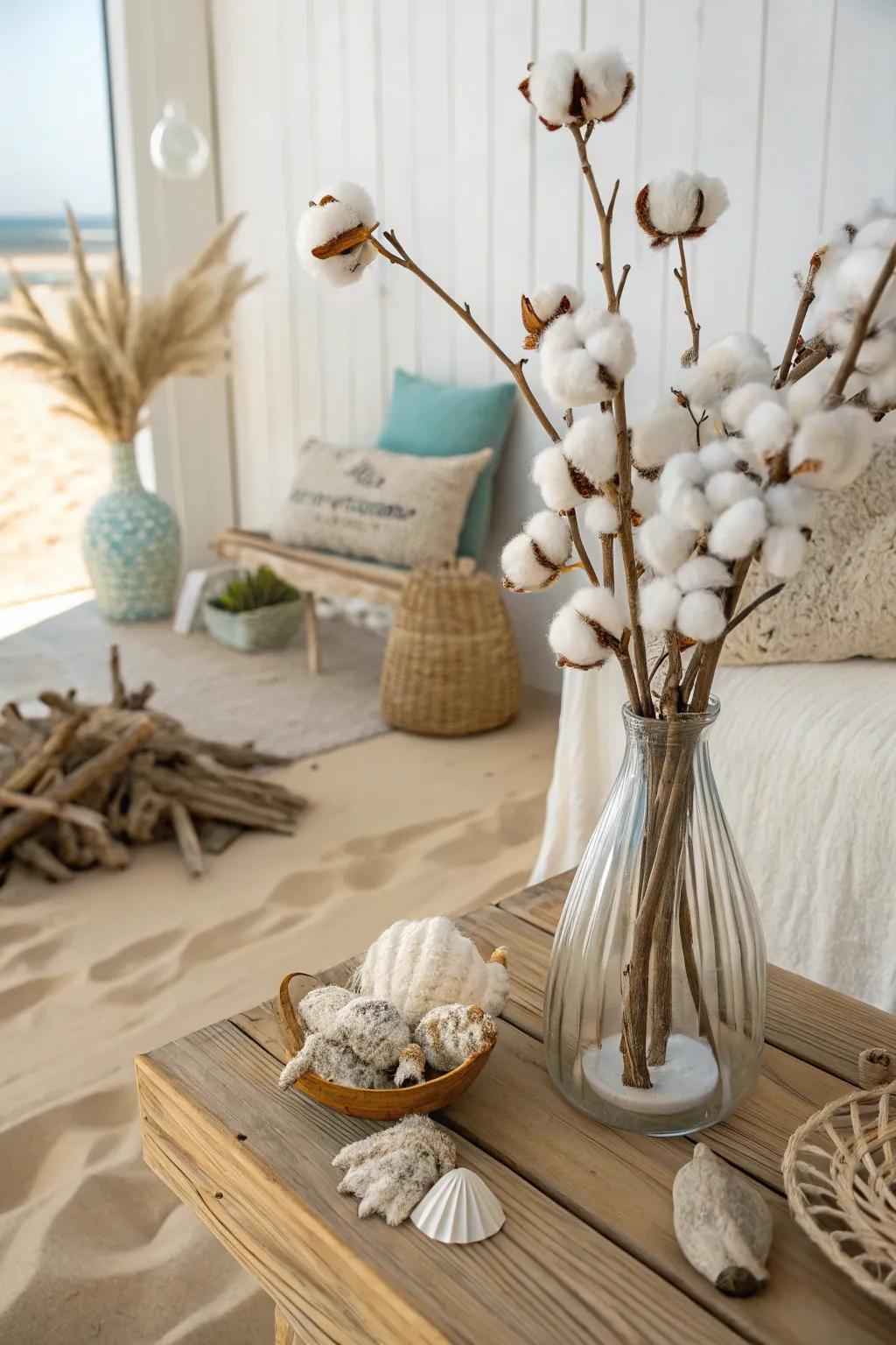 A coastal vibe featuring cotton stems and seaside elements.