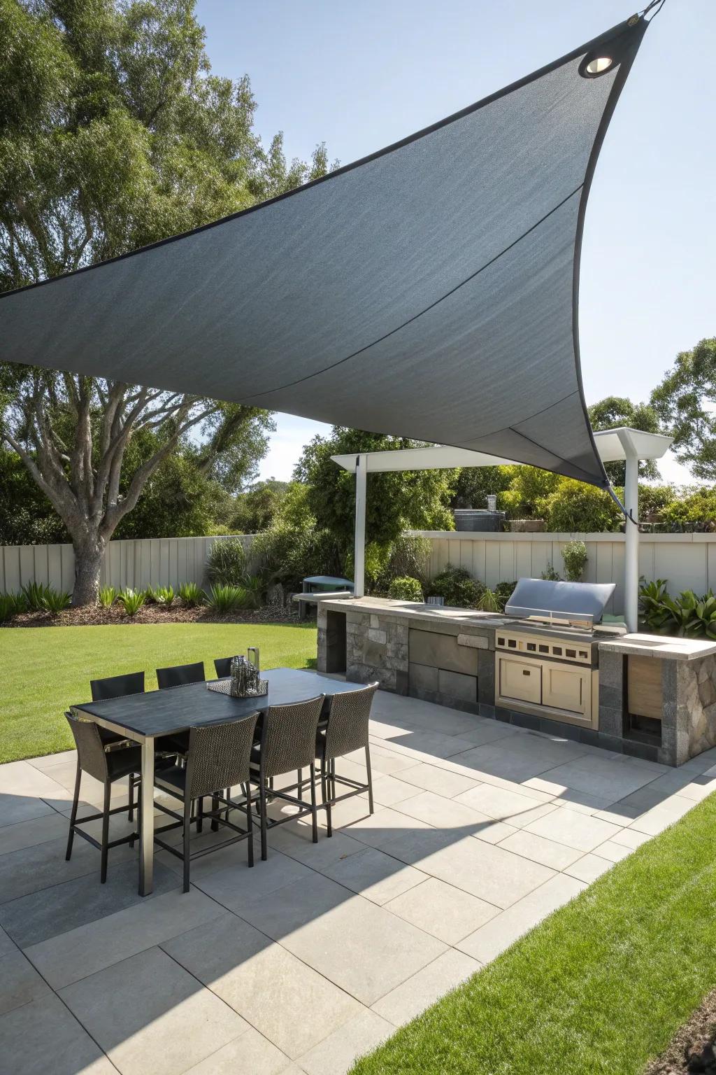 A simple fabric canopy offering stylish cover for a cooking area.