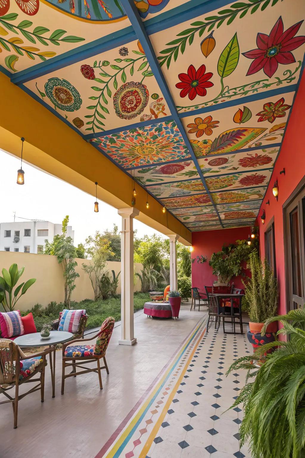 A painted overhead can imbue your patio with vivid personality.