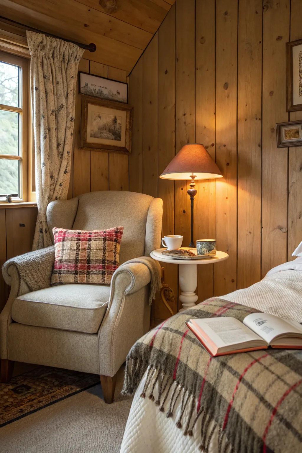A reading nook offers a perfect spot to unwind.