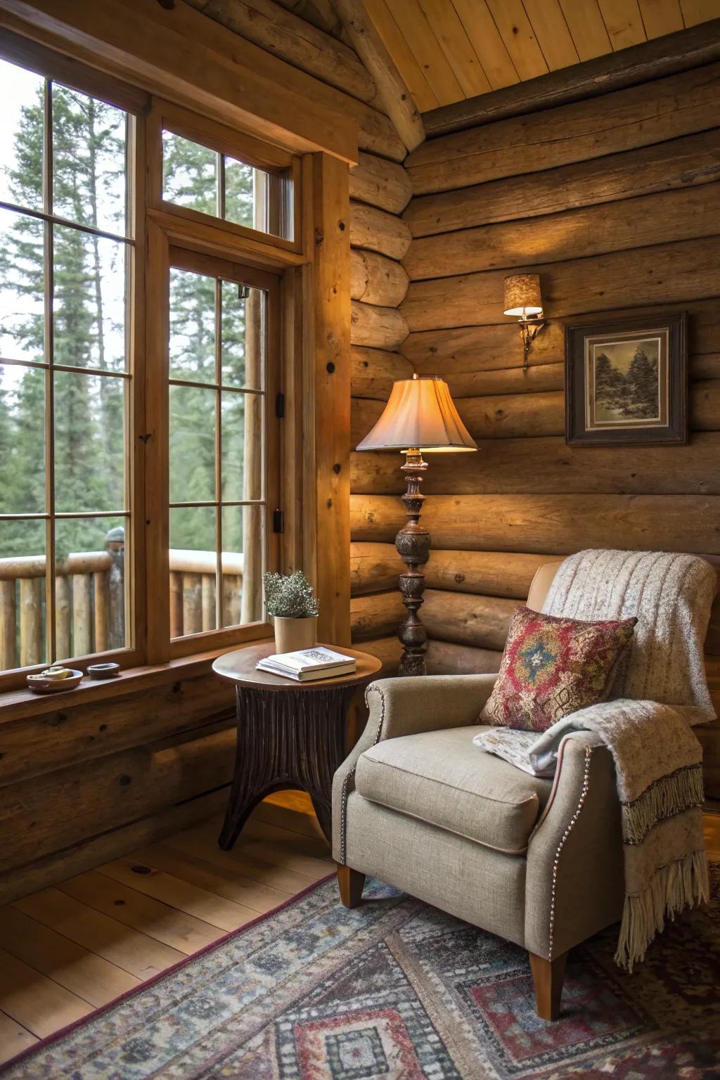 A cozy nook perfect for reading or relaxing in a log cabin.