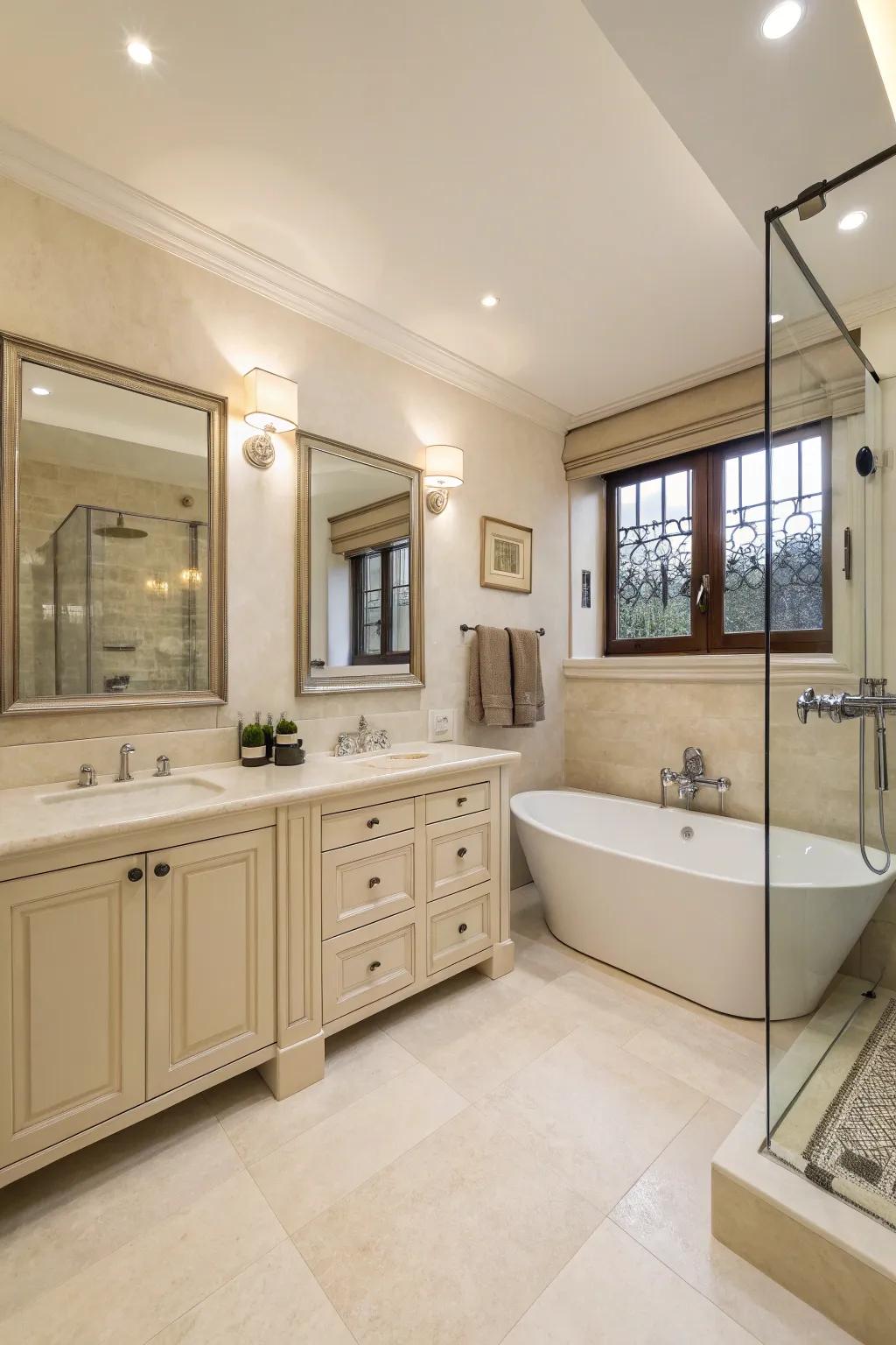 A functional design enhances relaxation within this cream bathroom.