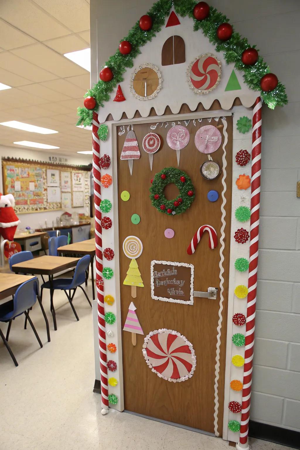 A classroom door transformed into a charming gingerbread house adorned with colorful candies.