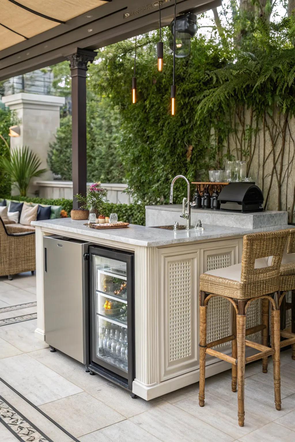 Practical features contribute convenience to this refined outdoor bar.