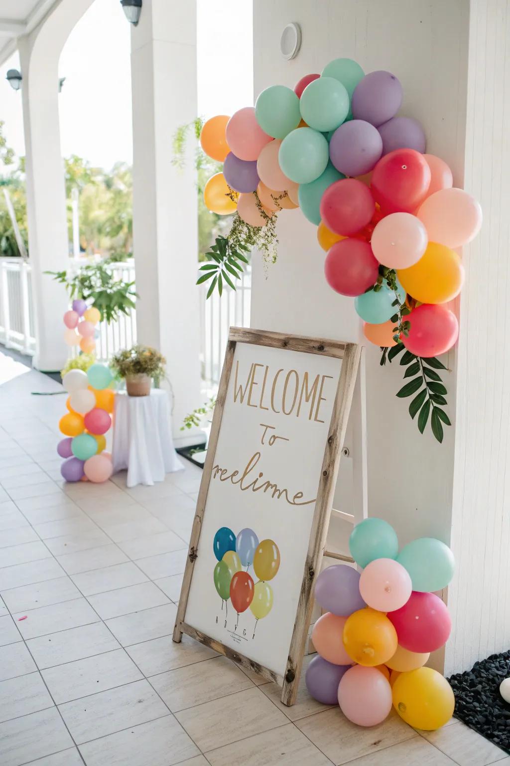 Balloons contribute a joyous and celebratory atmosphere to any welcome board.