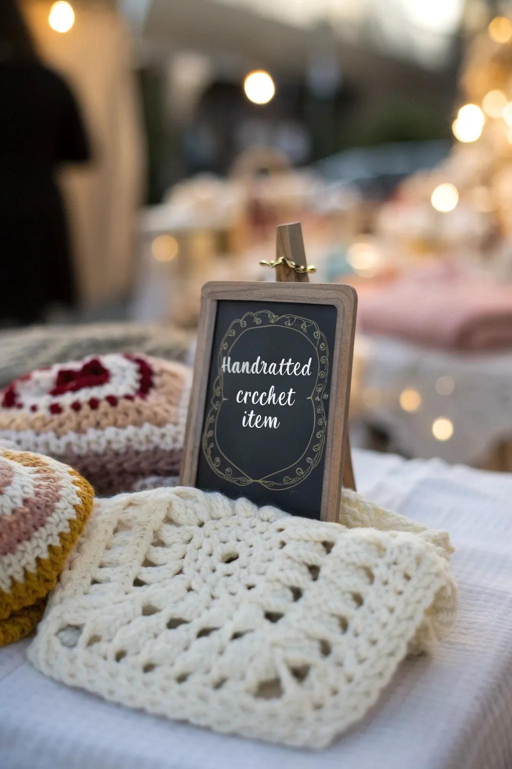 Design your display with allure – countryside slate surface indicators converge with exquisite crochet.