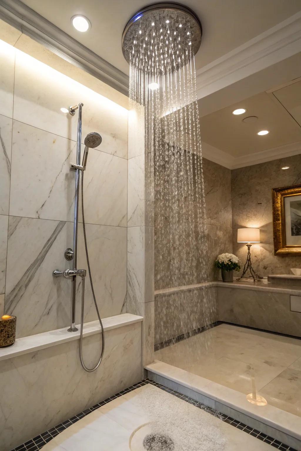 A rainfall showerhead complements the elegance of refined composite showers.