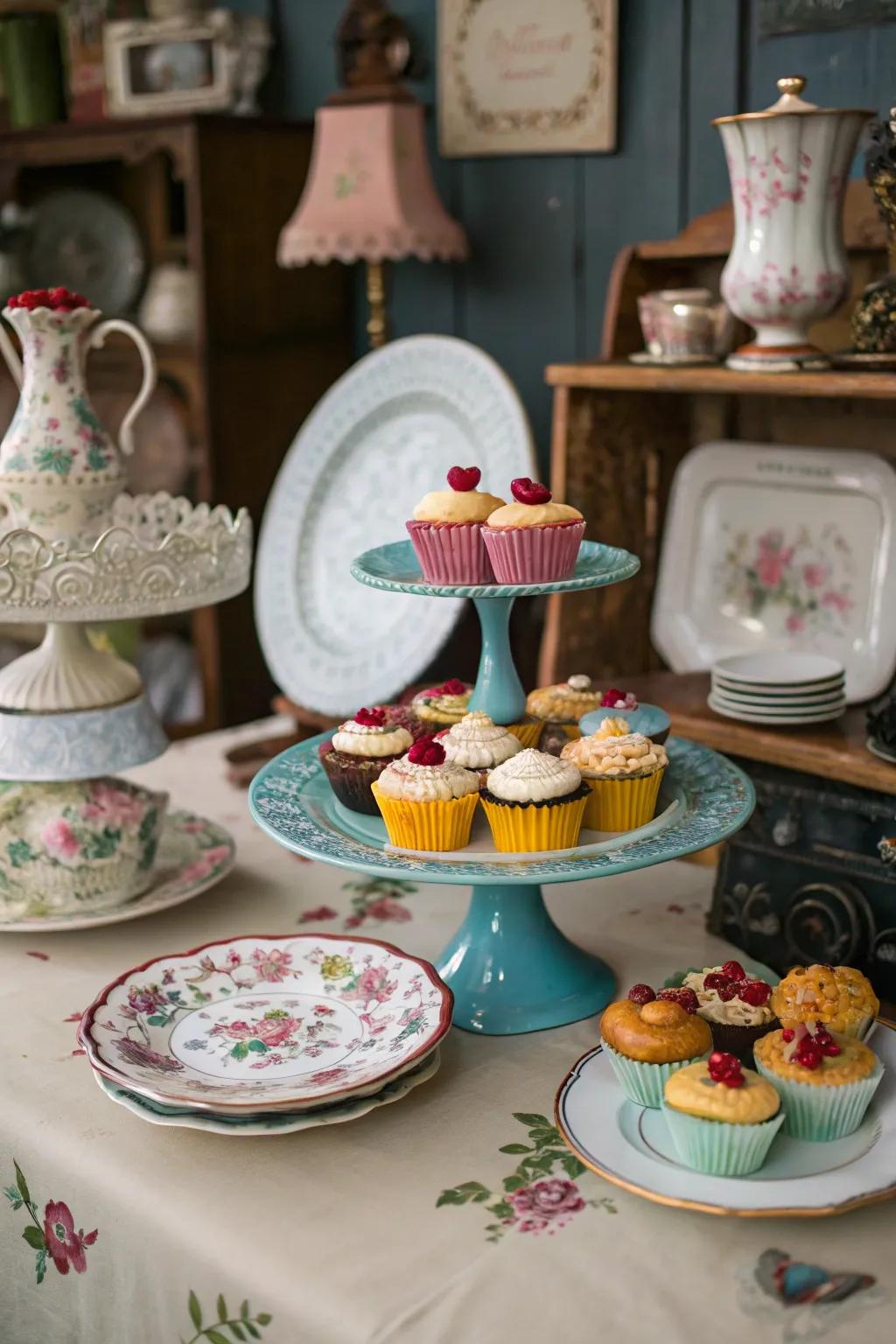 Vintage elements lending a nostalgic charm to this cupcake display.