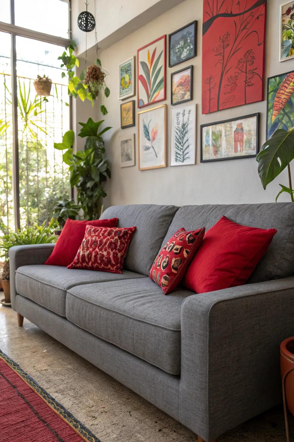 Red accents fabricate a striking focal element on a grey couch.