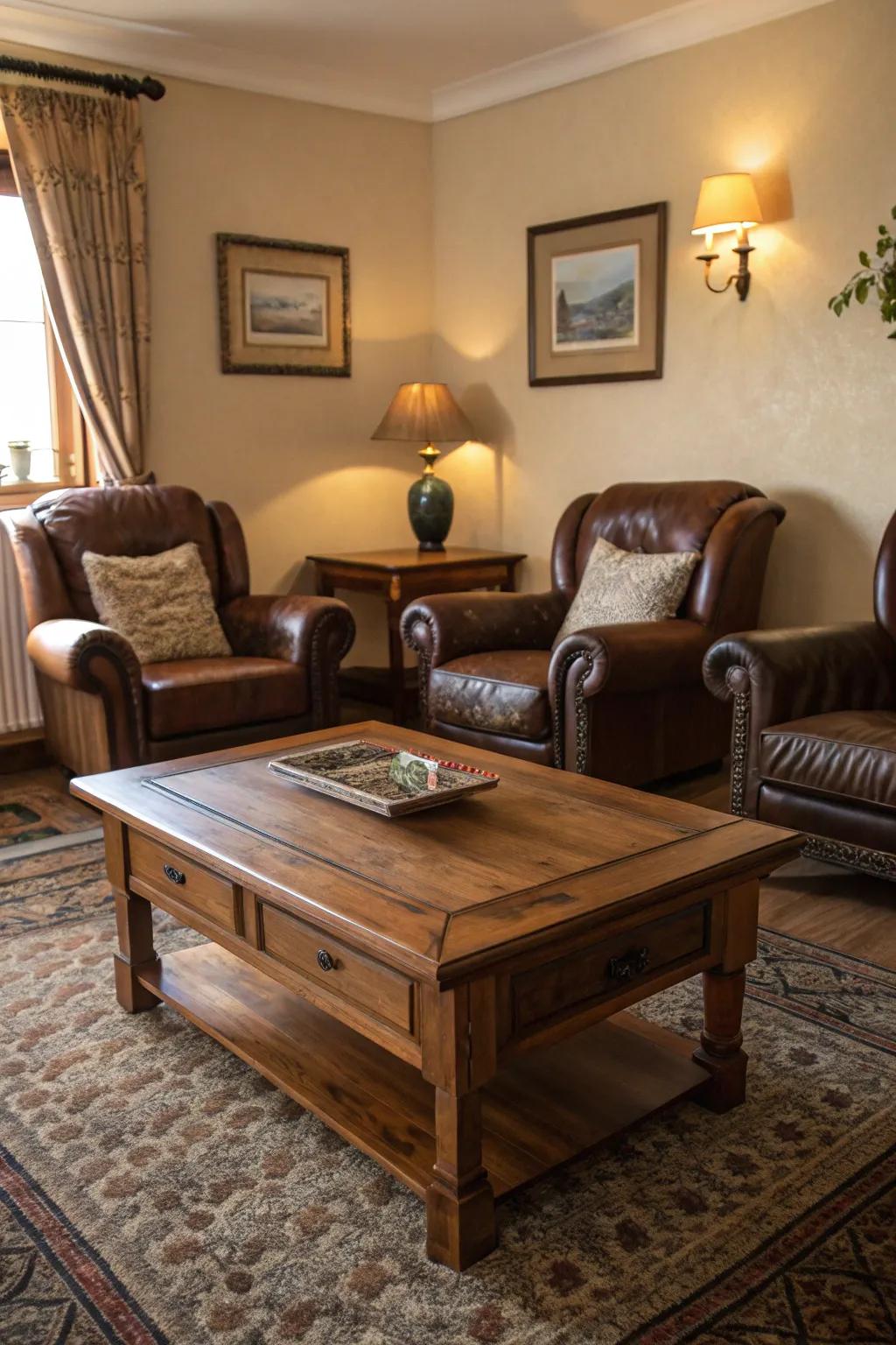 Textured surfaces such as wood and leather enhance visual interest.