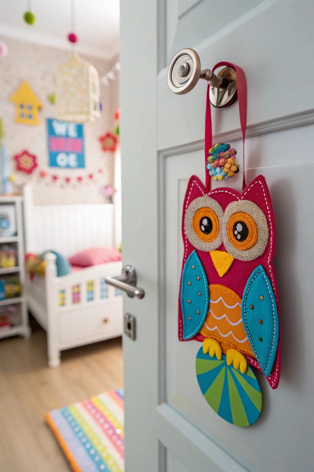A frolicsome nocturnal bird-configured door adornment ideally suited for progeny.