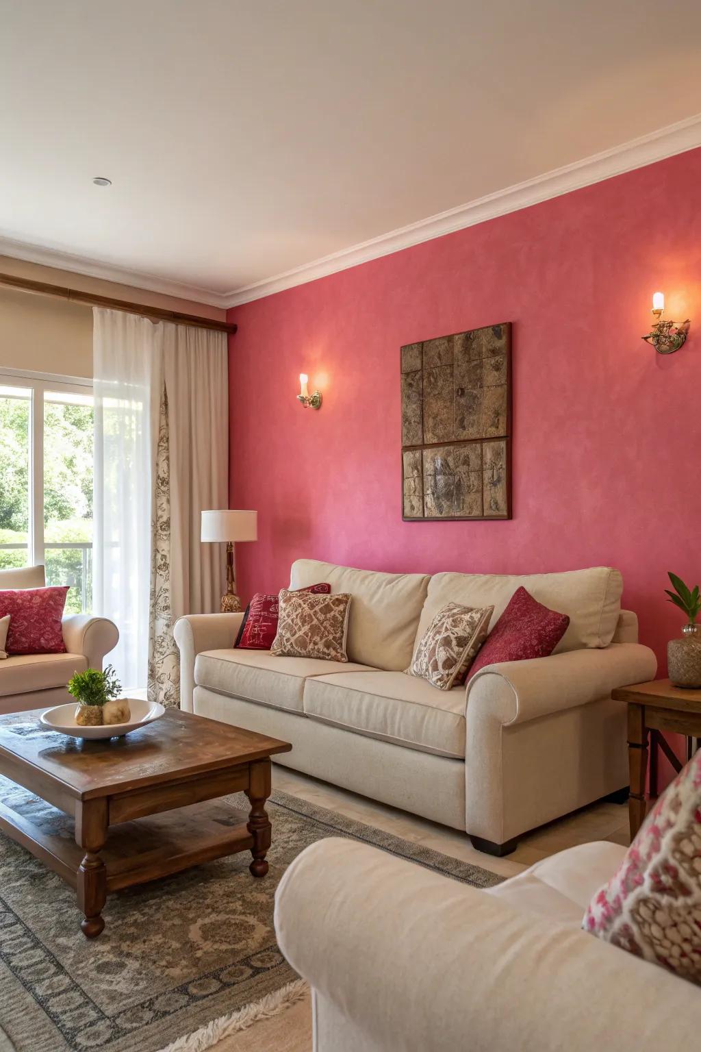 A rose statement wall serves as a striking point of focus in the room.