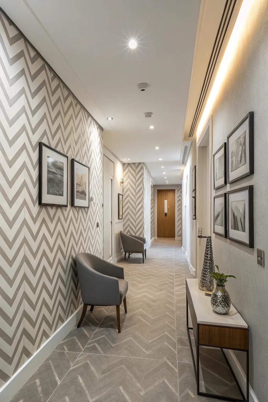 An entranceway featuring a subtle zigzag pattern wall covering, adding a sense of sophistication.