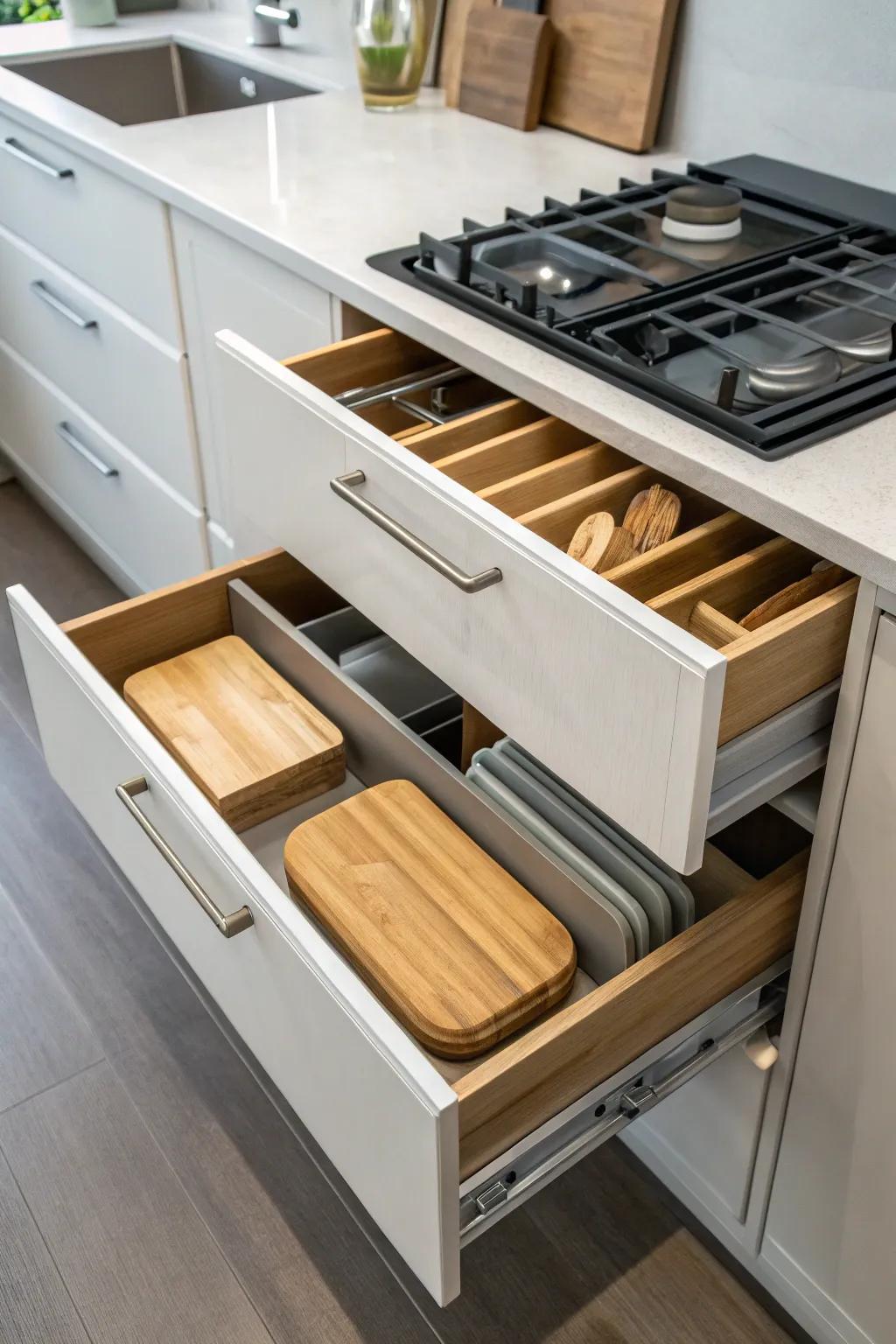 Drawer storage incorporating dividers for cutting boards.