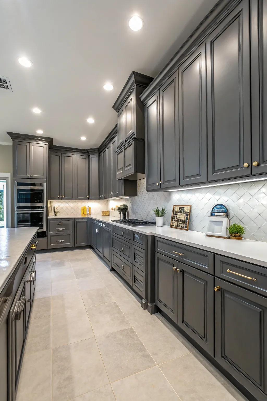 Efficient layout displaying the blend of elegance and practicality in charcoal-toned cabinets.