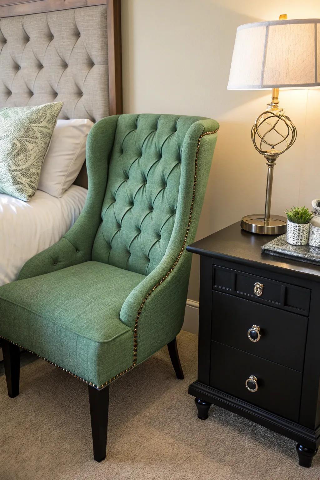 A green tufted chair contributes a burst of color.
