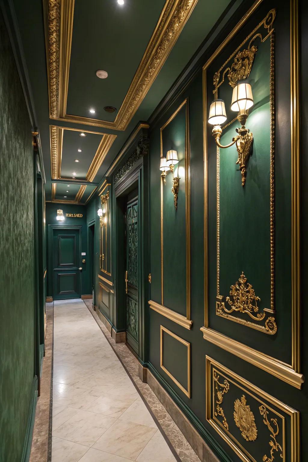 Gold features enhance the elegance of this hallway in dark green.