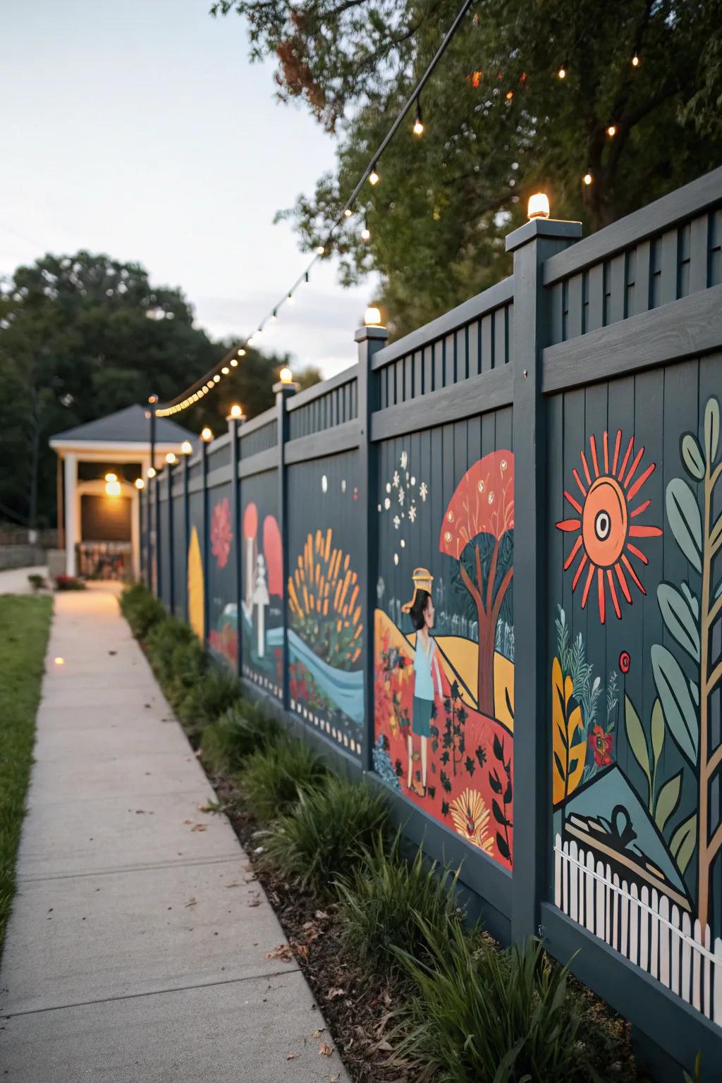 A charcoal-toned fence serves as an eye-catching backdrop for a vibrant mural.