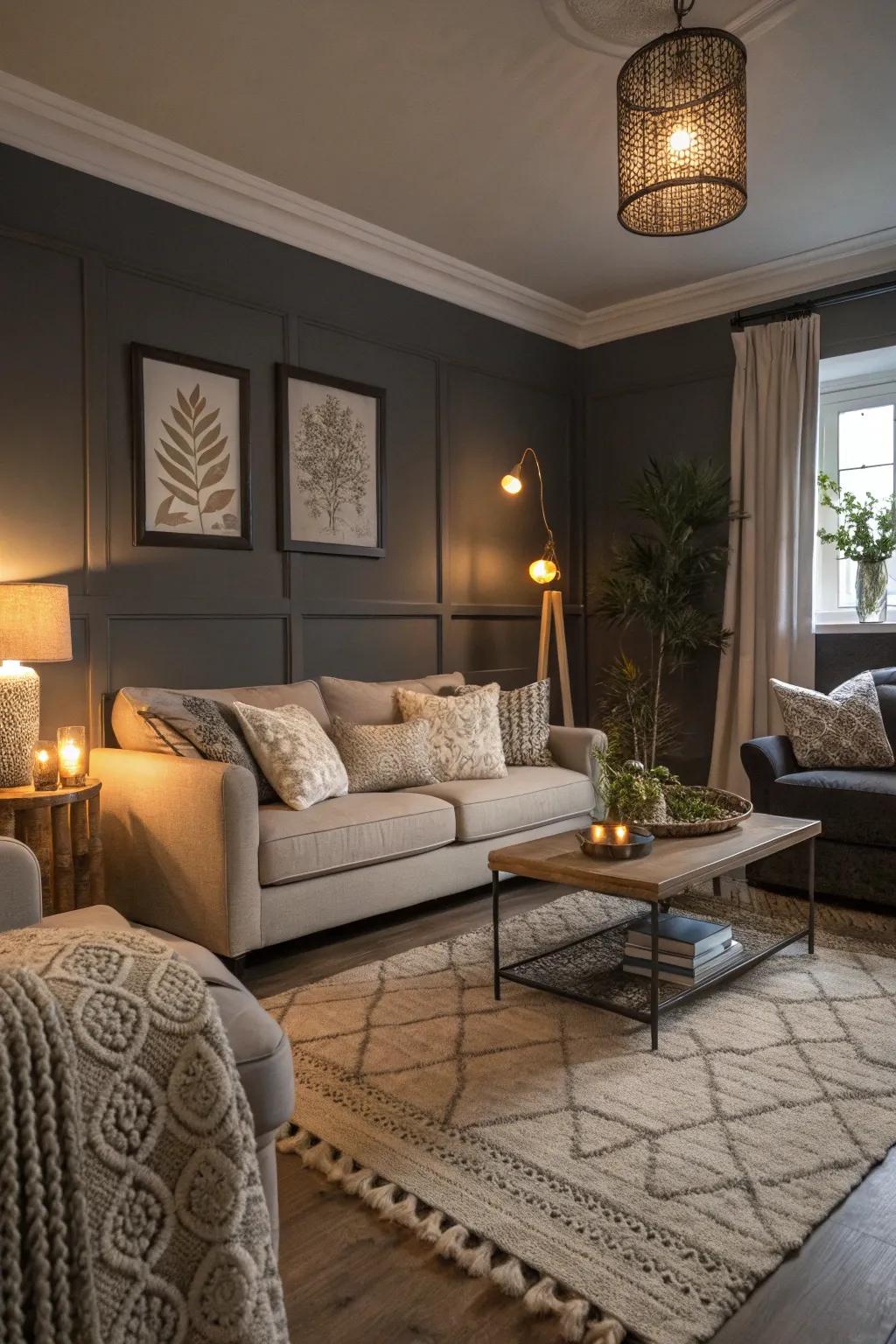 A balanced and inviting lounge area with dark grey elements.
