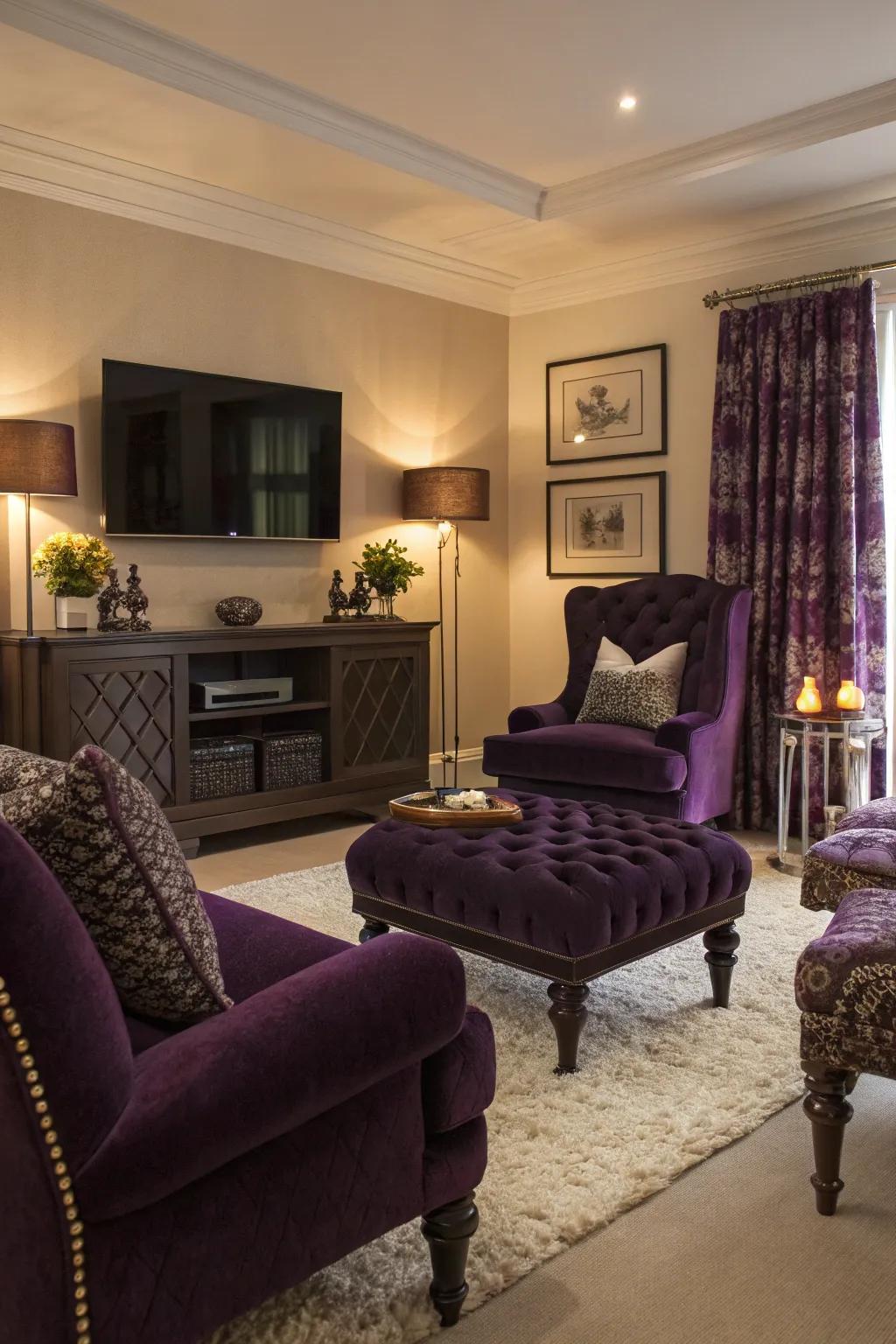 Deep violet accents introduce playfulness and sophistication to this elegant living area.