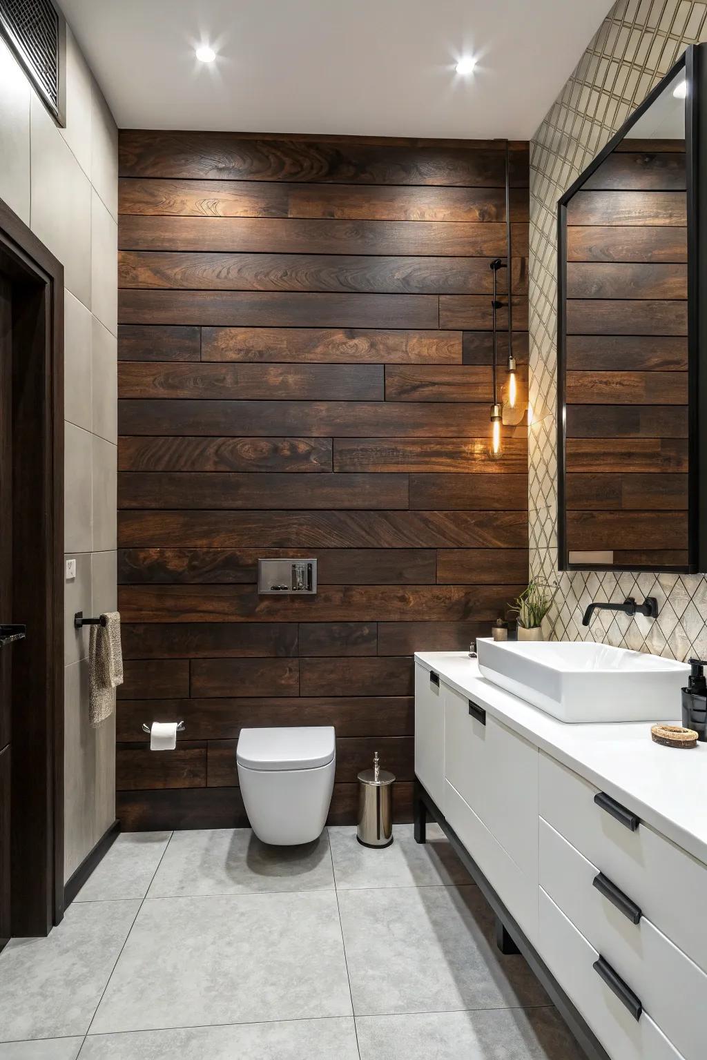 A striking feature wall contributes a dramatic aspect to this bathroom featuring deep wood.