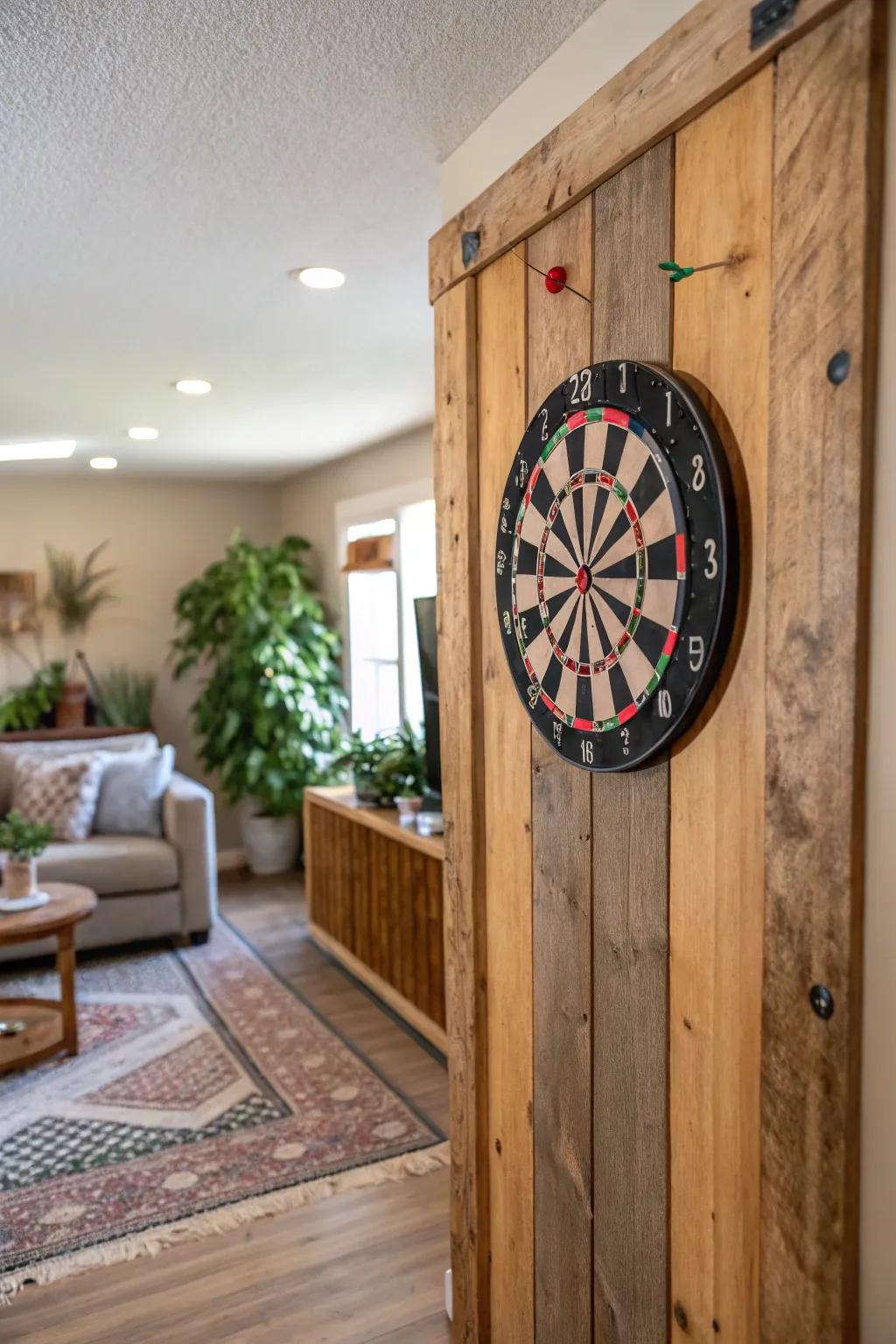 Salvaged wood brings a touch of country-style charm to your dart board wall.