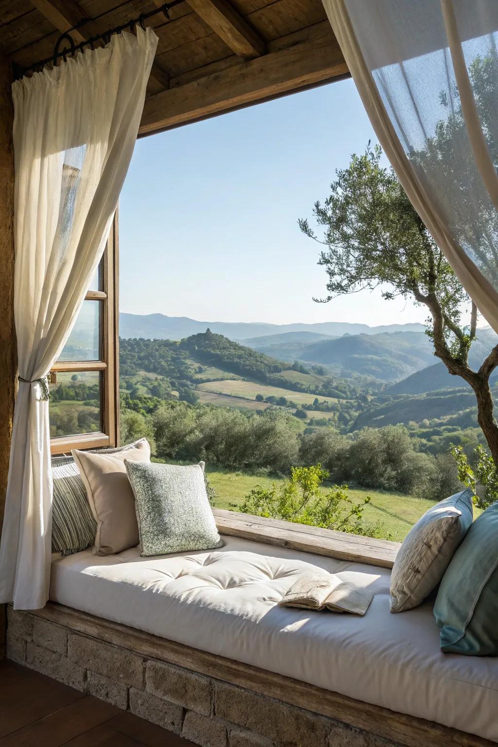 A daybed window seat offering a tranquil setting to appreciate the scenery.