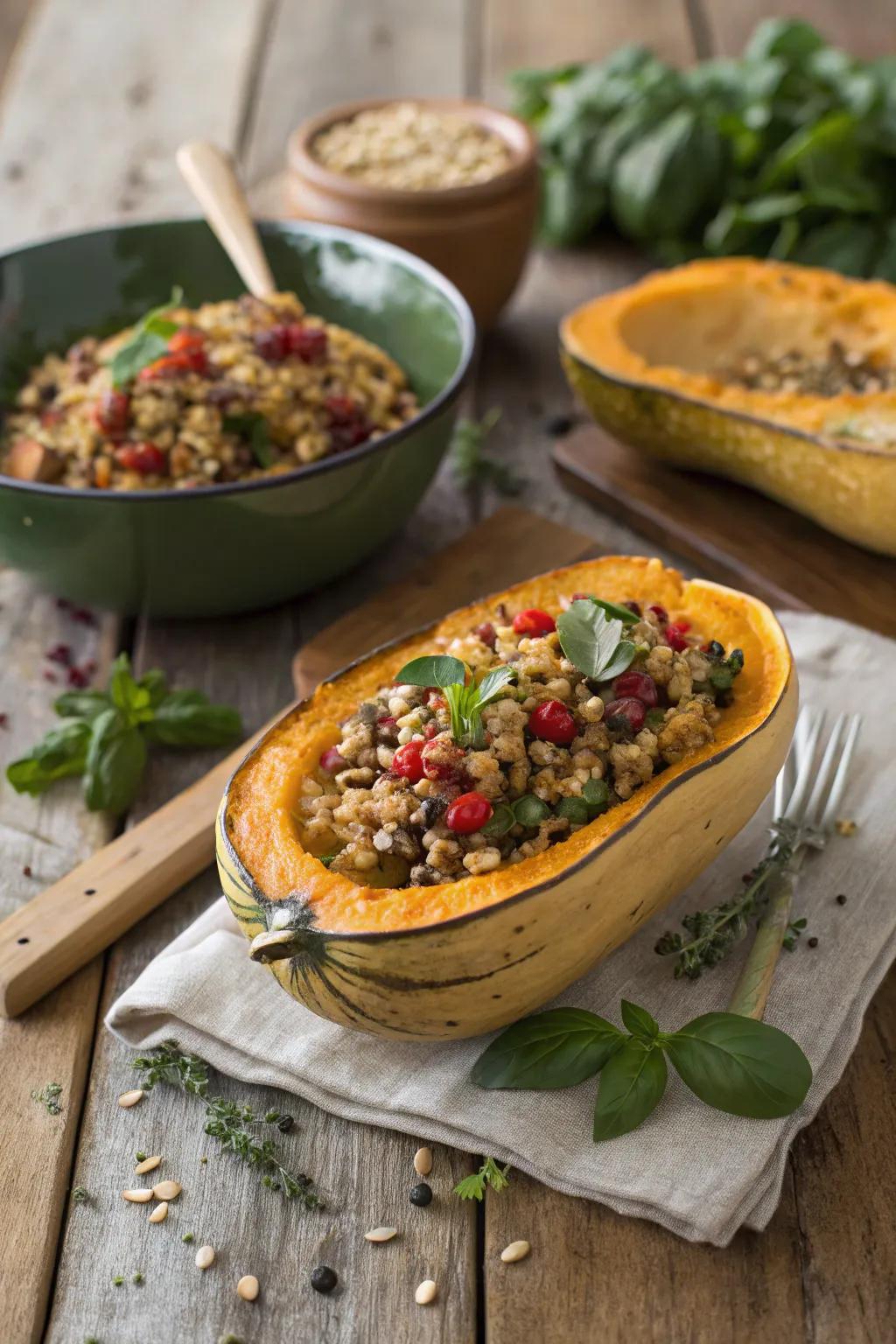 Holiday stuffed squash, a luscious and festive December delight.