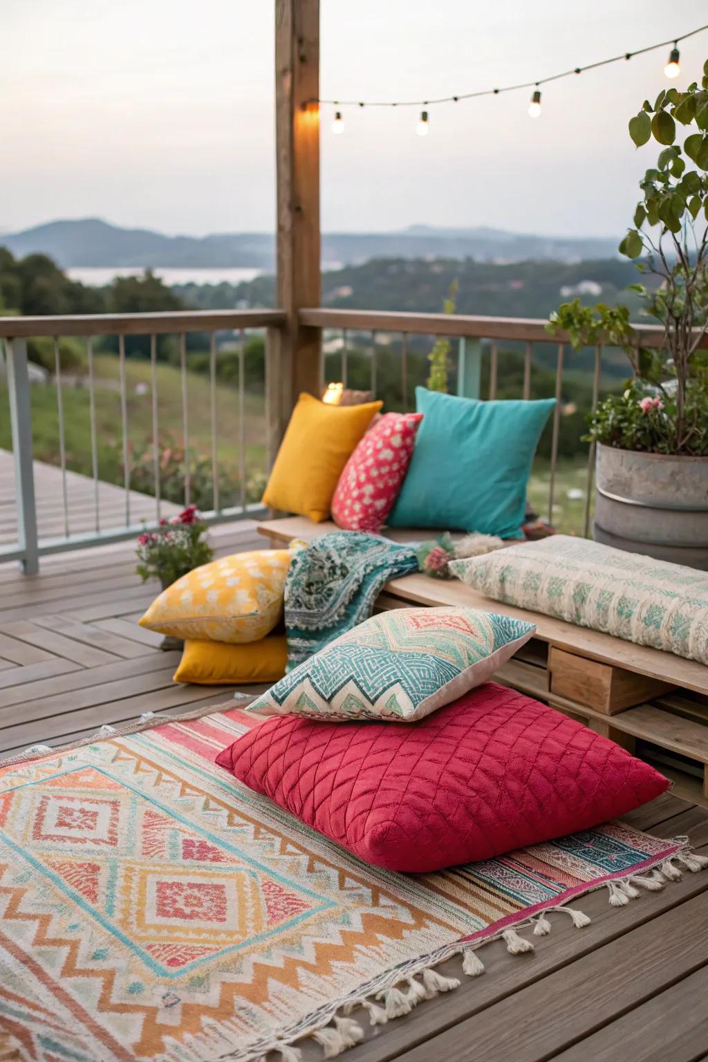 Decorative accents render this deck akin to a cozy outdoor living space.