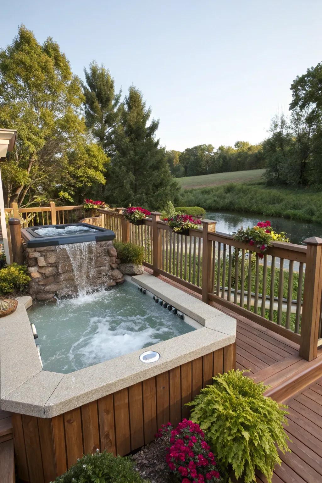The pleasing sound of a waterfall to improve relaxation by the hot tub.