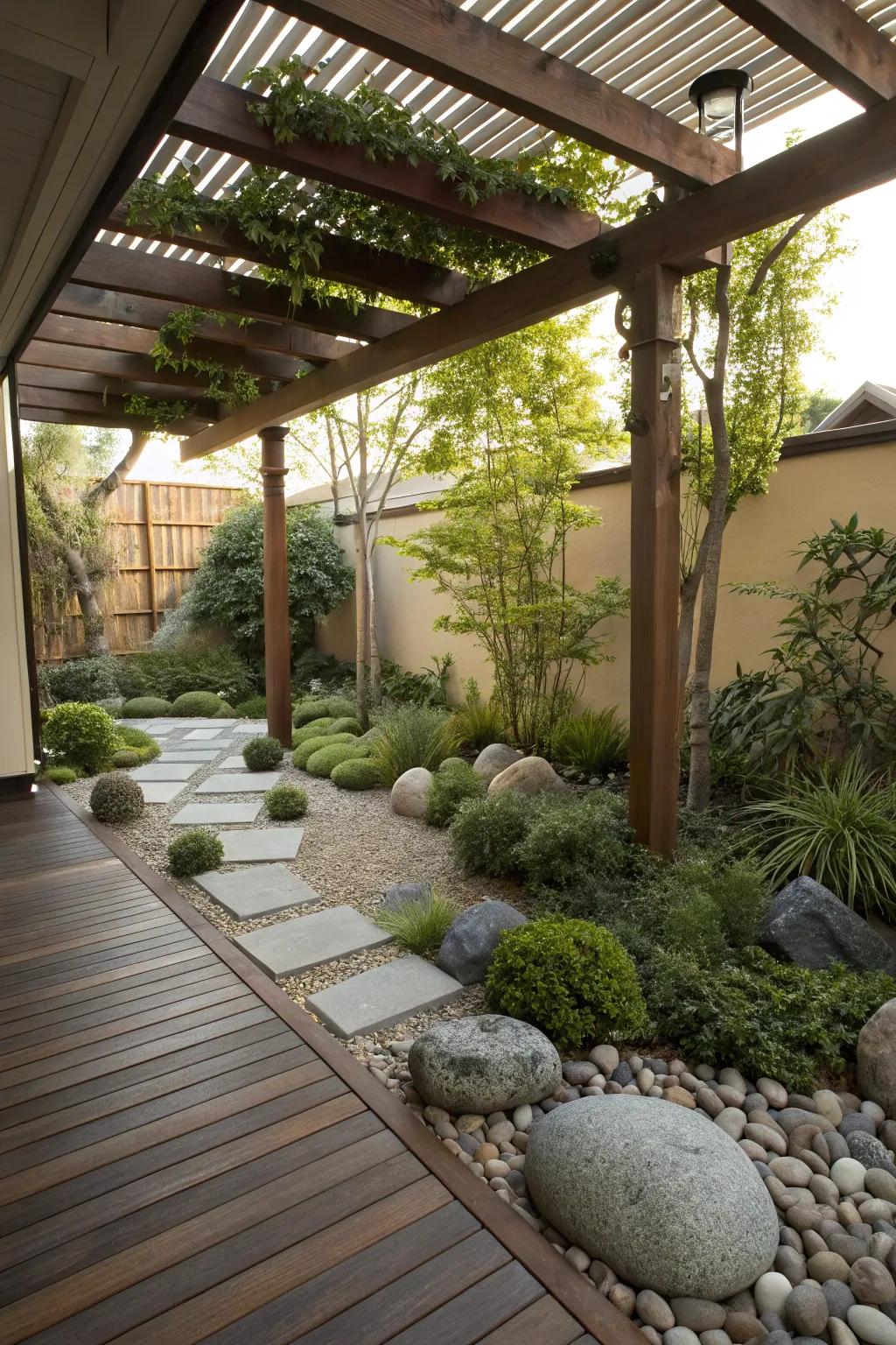 A zen garden beneath a pergola, creating a tranquil outdoor space.