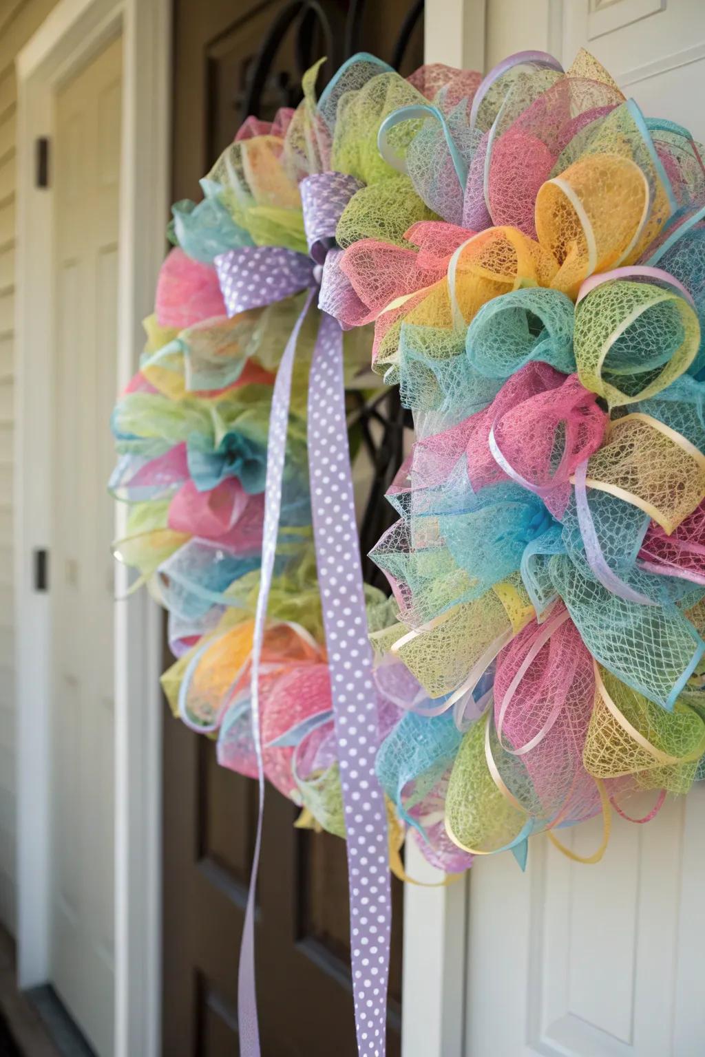 Strata of mesh and ribbon bestow elegance upon this autumnal wreath.