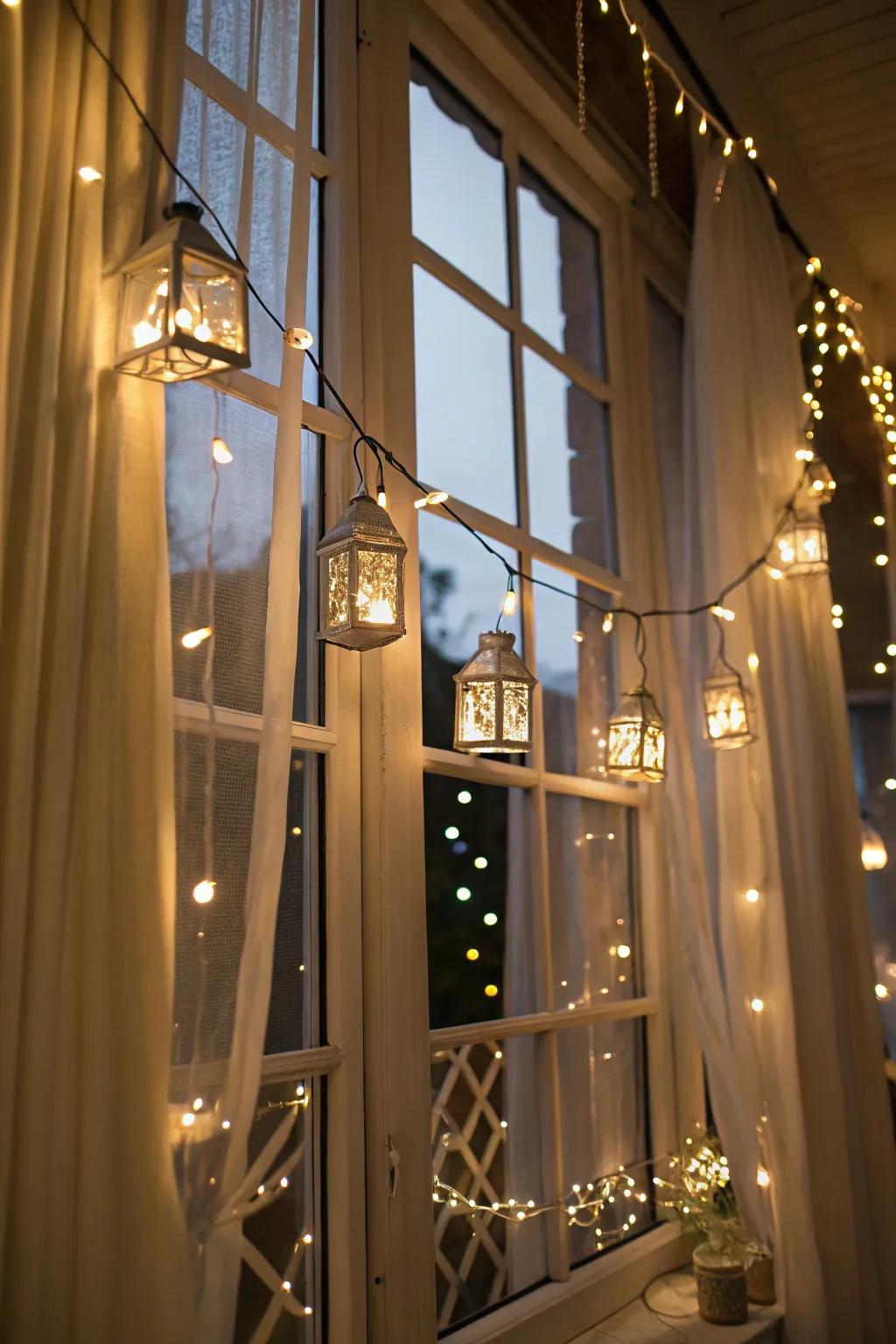 Lighting adds a warm, magical touch to window decoration.