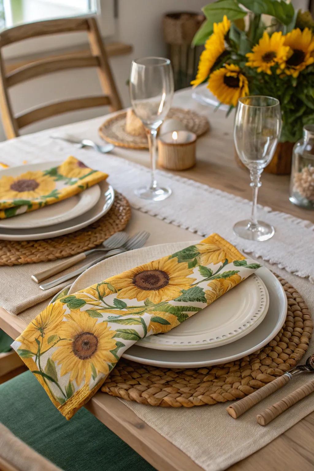 Napkins adorned with sunflowers deliver a whimsical element to any table setting.