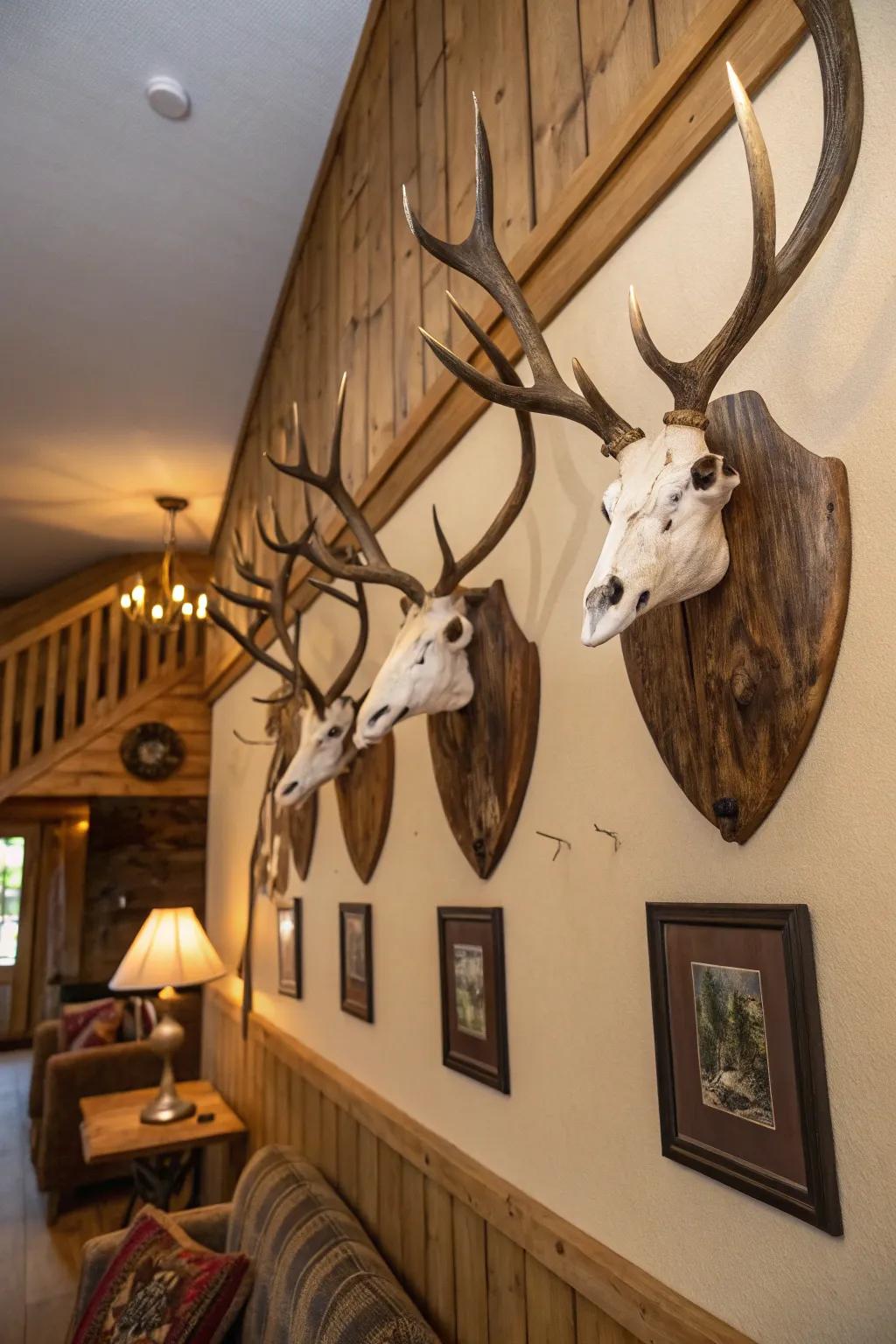 A collection of country signs constructs a cohesive display of deer skulls.