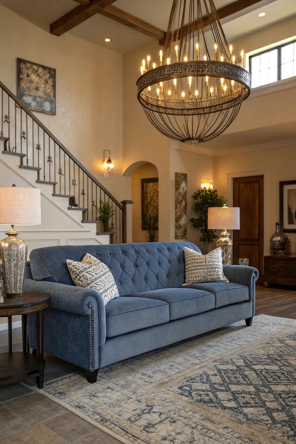 Statement illumination complements the cerulean couch exquisitely.