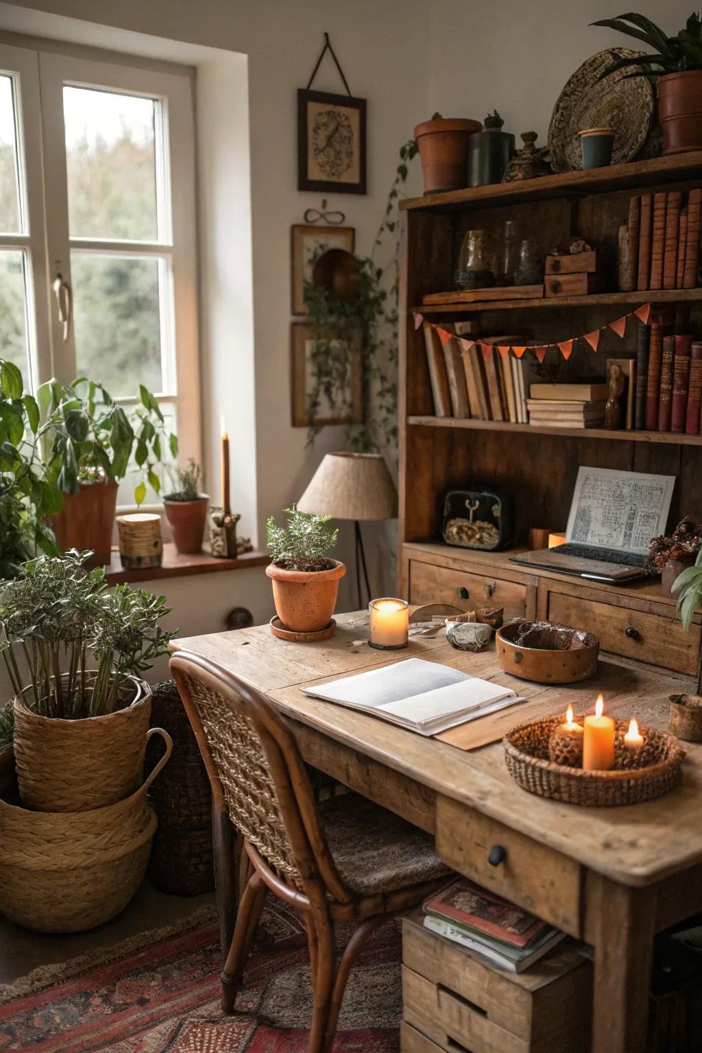 Terracotta desks add rustic charm and warmth.